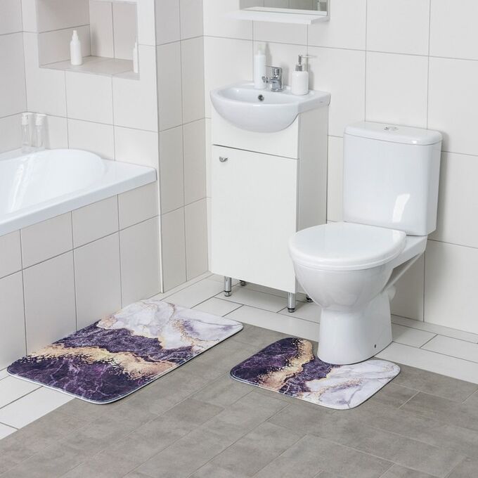 Набор ковриков для ванны и туалета Доляна «Мрамор», 2 шт: 79x50, 50x39 см