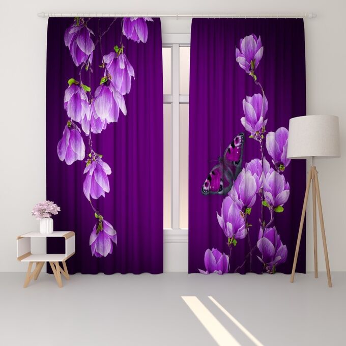 Фотошторы люкс сатен Цветы магнолии на пурпурном фоне