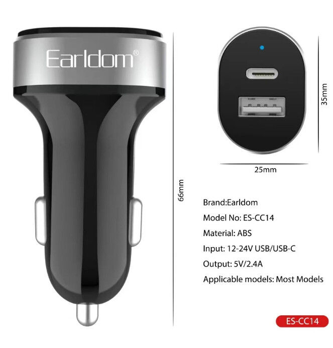 NEW ! Автомобильное зарядное устройство Eardlom C14 PD Quick Charge 2.4A + кабель 1*USB + 1*Type-C