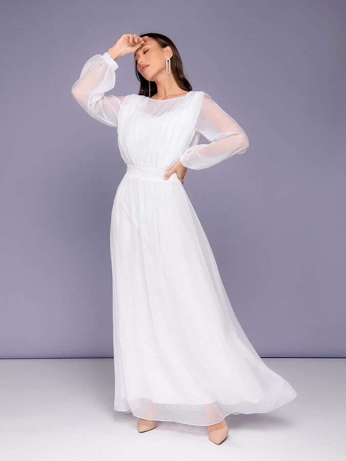 1001 Dress Платье белое длины макси с объемными рукавами и открытой спинкой