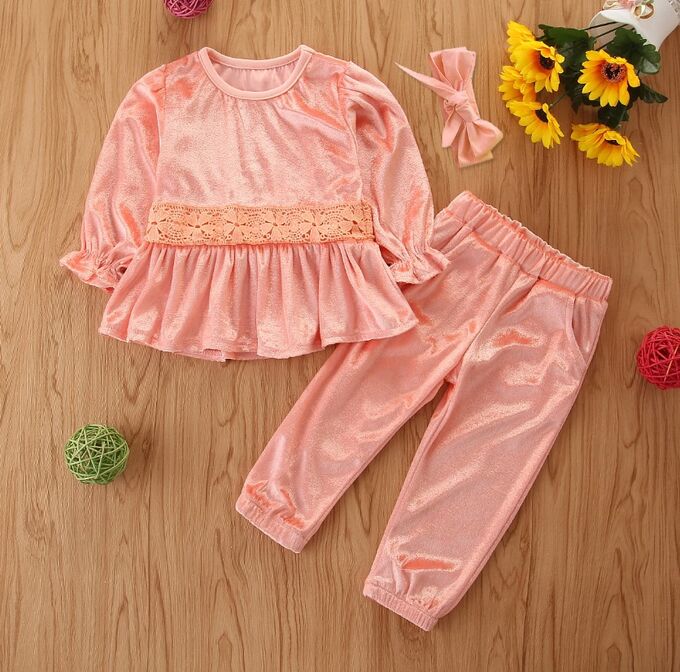 Костюм для девочек, кофта с волнистым краем+штаны+повязка с бантиком, цвет розовый