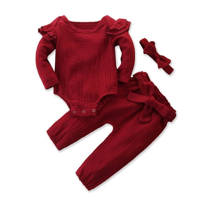 Костюм для девочек, боди+штанишки+повязка с бантиком, цвет бордовый