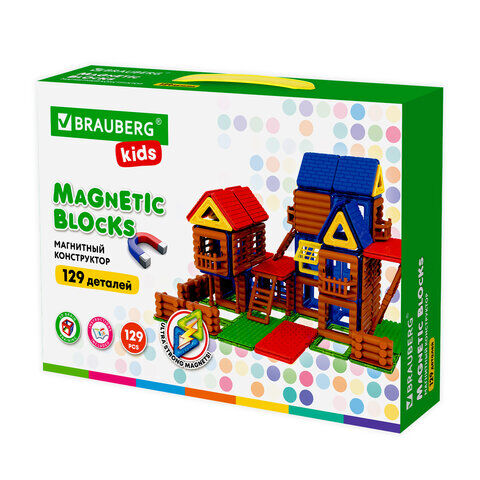 Магнитный конструктор MEGA MAGNETIC BUILD BLOCKS-129 &quot;Построй дом&quot;, 129 деталей, BRAUBERG KIDS, 663850