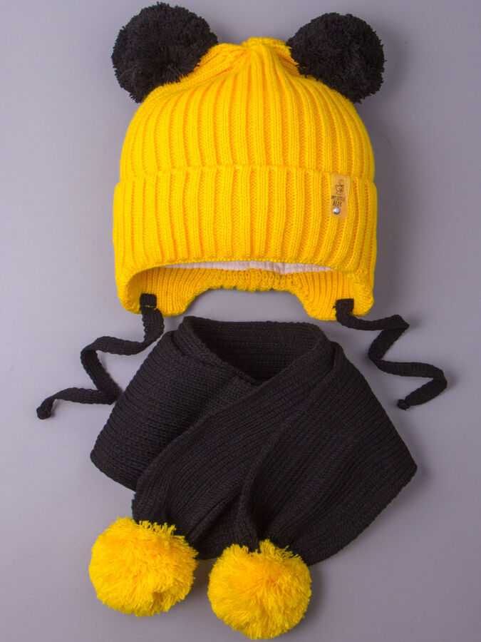 Русбубон Шапка вязаная детская с бубонами на завязках, MY LITTLE BEAR + шарф, черный с желтым