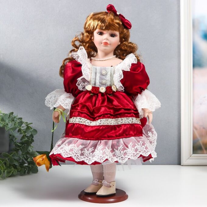 Дарим красиво Кукла коллекционная керамика &quot;Наташа в бордовом платье с рюшами, с бантом в волосах&quot; 40 см