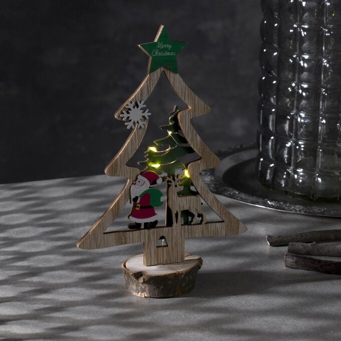 Luazon Lighting Светодиодная фигура «Ёлка с Дедом Морозом» 13 × 20 × 5 см, дерево, батарейки CR2032х1, свечение тёплое белое