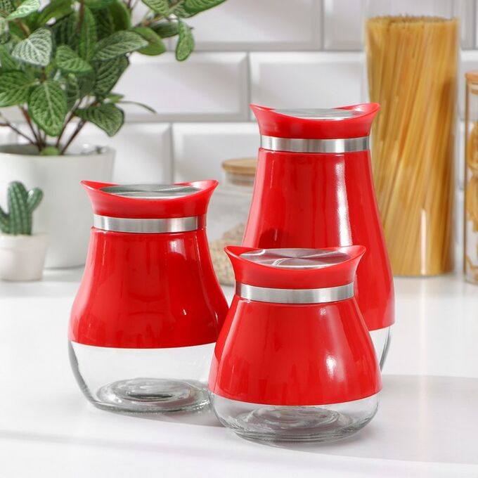 СИМА-ЛЕНД Набор банок стеклянных для сыпучих продуктов «Сияние», 37x12x22 см, 3 шт, цвет красный