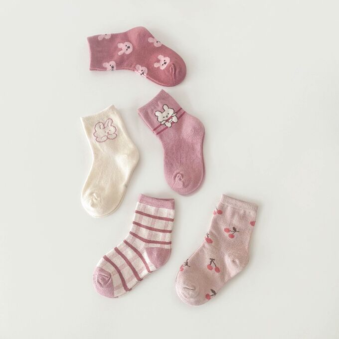Набор носков для девочки (10 пар), принт &quot;зайка&quot;, цвет белый/розовый