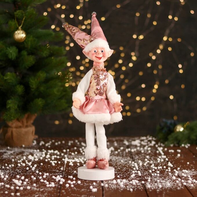 Зимнее волшебство Новогодний шут &quot;В платье с пайетками и мехом&quot; 30 см, розово-белый
