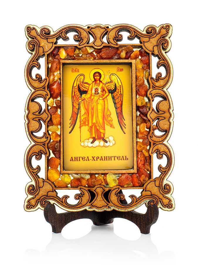 amberholl Иконка в резной деревянной оправе с магнитом, украшенная янтарём «Ангел Хранитель»