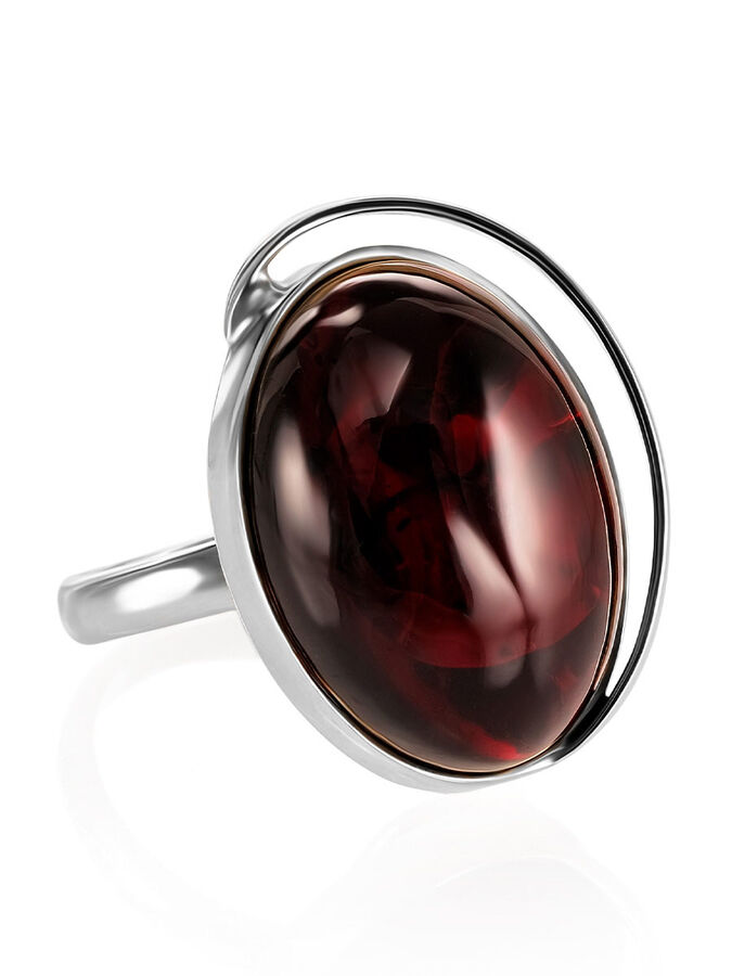 amberholl Яркое серебряное кольцо с натуральным вишнёвым янтарём «Лагуна»