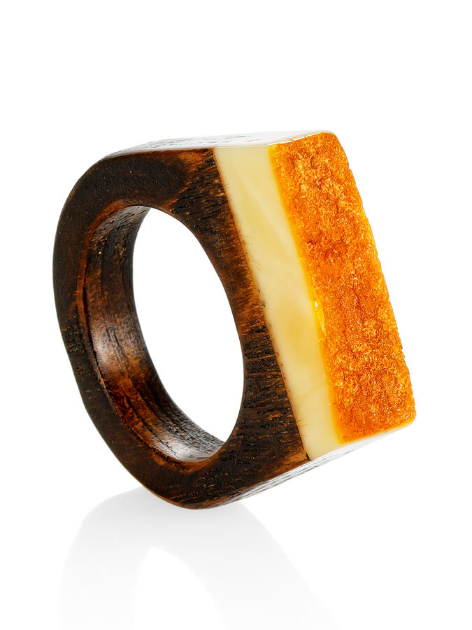 amberholl Оригинальное кольцо из дерева с кусочком натурального балтийского медового янтаря «Индонезия»