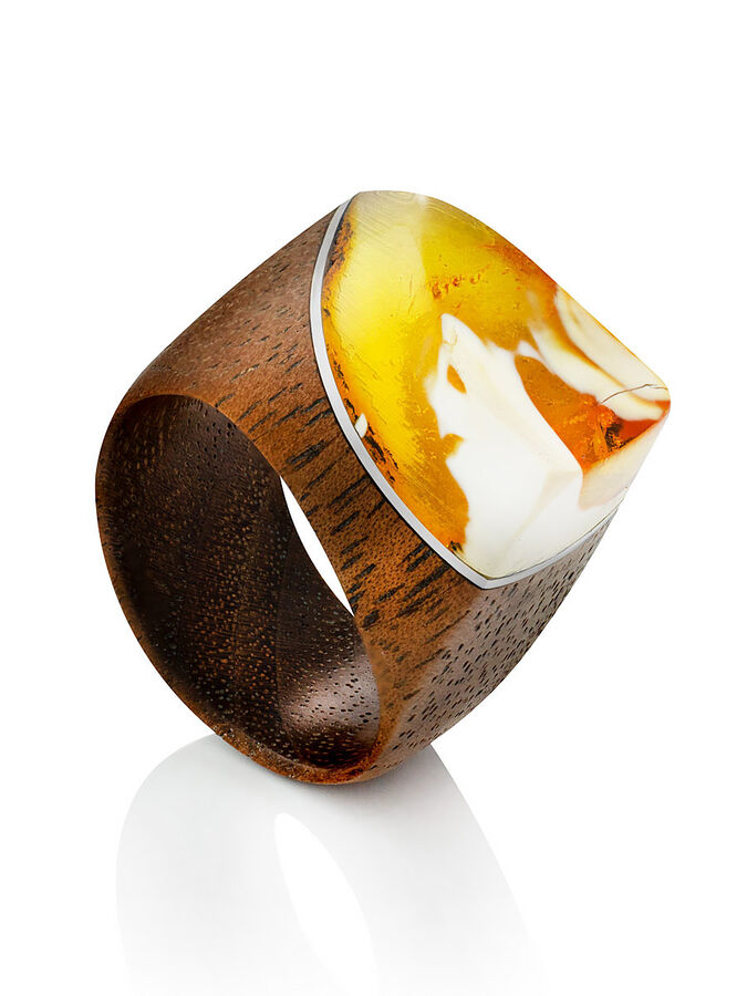 amberholl Оригинальное кольцо из дерева с натуральным текстурным янтарём «Индонезия»