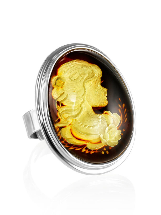 amberholl Изысканное кольцо «Элинор» из серебра и натурального янтаря с резьбой