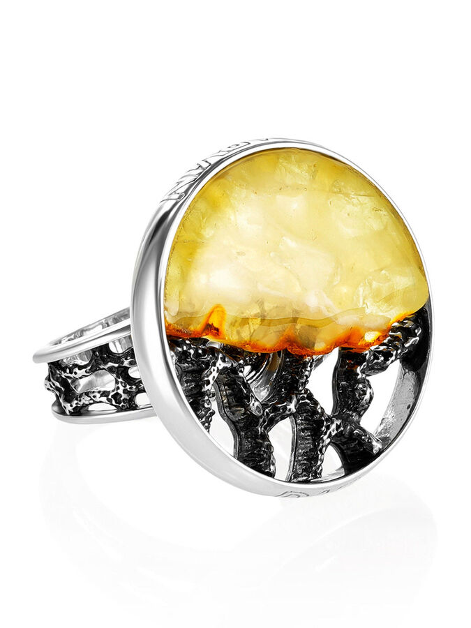 amberholl Круглое кольцо из серебра с вставкой из цельного медового янтаря «Модерн»