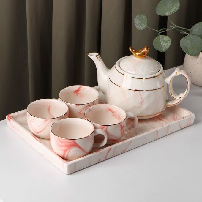 СИМА-ЛЕНД Набор чайный «Мрамор», 5 предметов: чайник 800 мл, 4 кружки 170 мл, подставка 31х21 см, цвет розовый