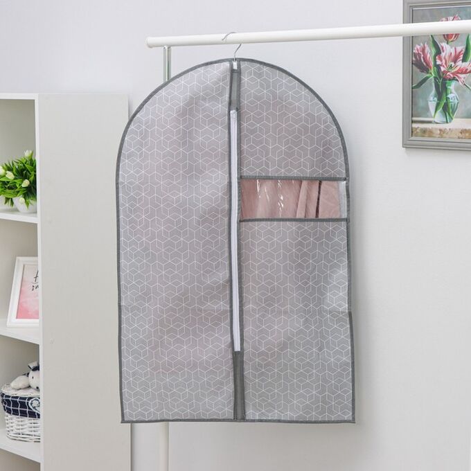 Чехол для одежды с ПВХ окном Доляна «Фора», 90x60 см, цвет серый