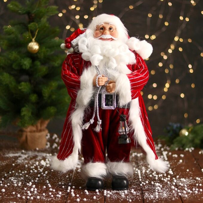 Зимнее волшебство Дед Мороз &quot;В полосатой шубе, фонариком и подарками&quot; 47 см, бело-красный