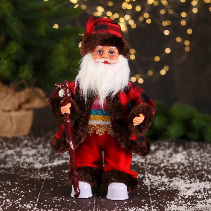 Зимнее волшебство Дед Мороз &quot;В полосатом свитере и с посохом&quot; 27 см, двигается, красно-коричневый