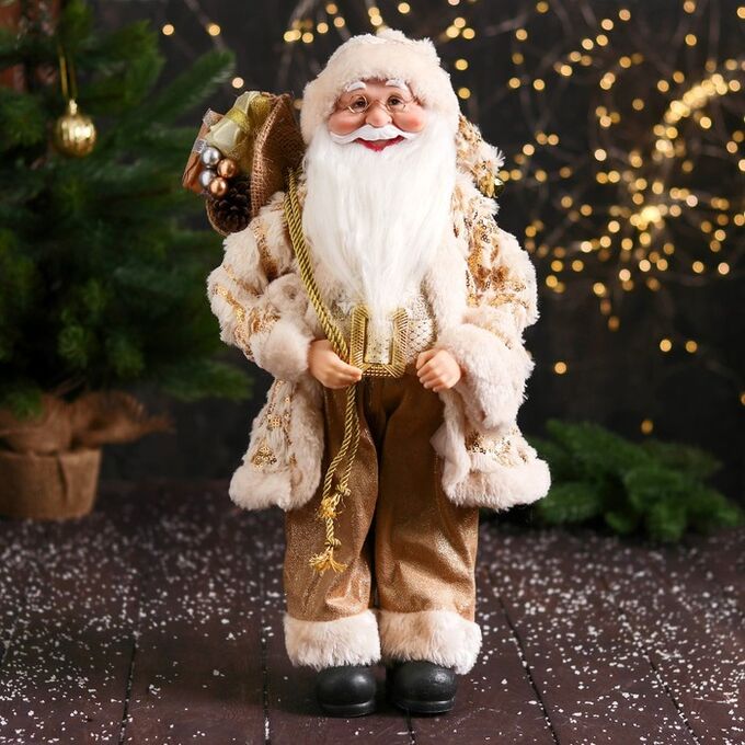 Зимнее волшебство Дед Мороз &quot;В пушистой шубе, колпачке, с подарком&quot; 47 см, бело-золотой