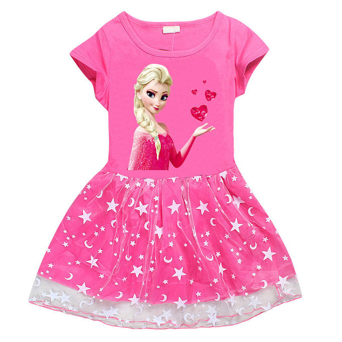 Платье для девочки, короткий рукав, принт &quot;Холодное сердце&quot;, фатиновая юбочка, цвет ярко-розовый