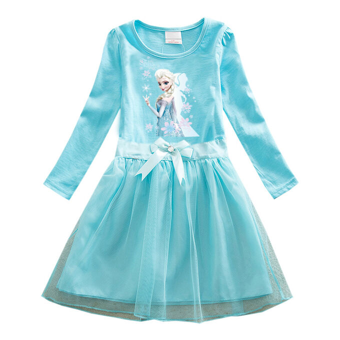 Платье для девочки, длинный рукав, принт &quot;Холодное сердце&quot;,  с поясом, цвет светло-голубой