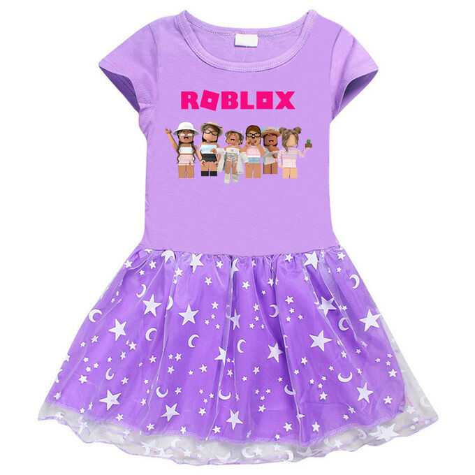 Платье для девочки, короткий рукав, принт &quot;Роблокс&quot;, фатиновая юбочка, цвет фиолетовый