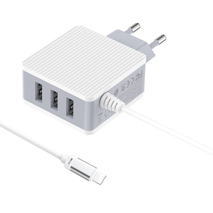 NEW Сетевое Зарядное устройство BOROFONE BA42A Joyful 3*USB + iOS Lightning, 3.1A, белый
