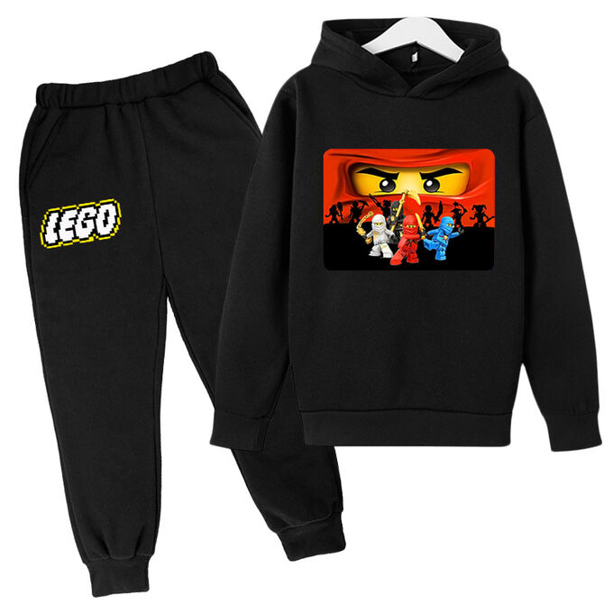 Детский комплект (Худи, принт &quot;Лего&quot;, цвет черный + брюки, принт &quot;Лего&quot;, цвет черный)