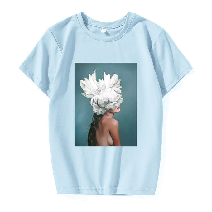 Подростковая футболка, принт &quot;Девушка с цветком на голове&quot;, цвет голубой