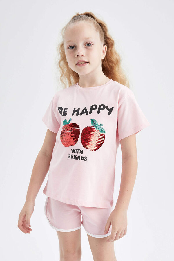 DEFACTO Хлопковая футболка с короткими рукавами и принтом вишневого цвета для девочек