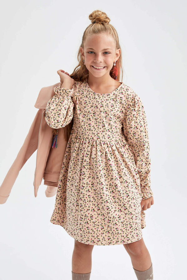 DEFACTO Платье с круглым вырезом и цветочным принтом для девочек с длинными рукавами