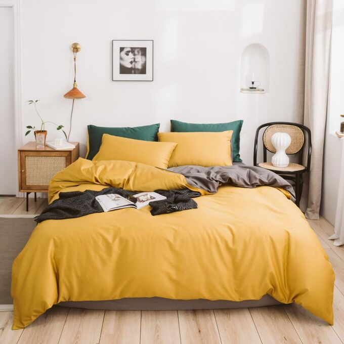 Швейный цех "Маруся" Комплект постельного белья сатин САТИН PREMIUM цвет Лагуна (зел) + Горчица 2 спальный с простыней на резинке