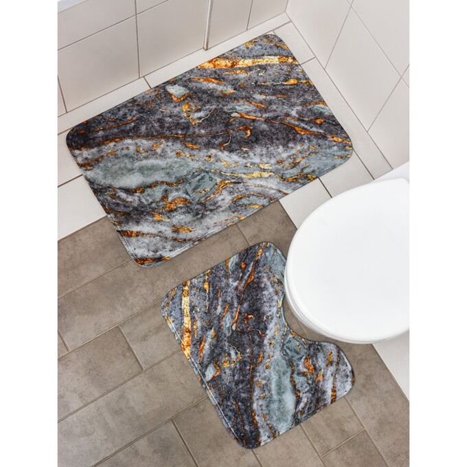 Набор ковриков для ванной и туалета Доляна «Мрамор», 2 шт: 79?50, 50?39 см, цвет серый