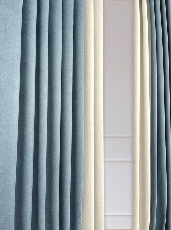 Швейный цех "Маруся" Комплект штор  КАНВАС (эффект замши) комбинированный цвет Морской+Бежевый: 2 шторы по 200 см