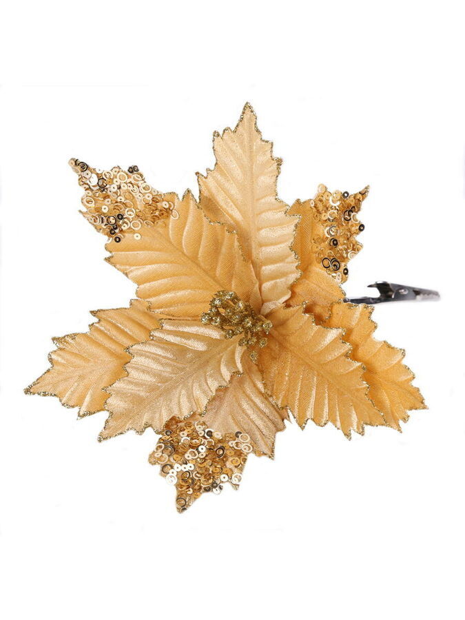 ФЕНИКС презент Новогоднее ёлочное украшение Бежево-золотой цветок из полиэстера с креплением на клипсе из черного металла 25х25х21,5см