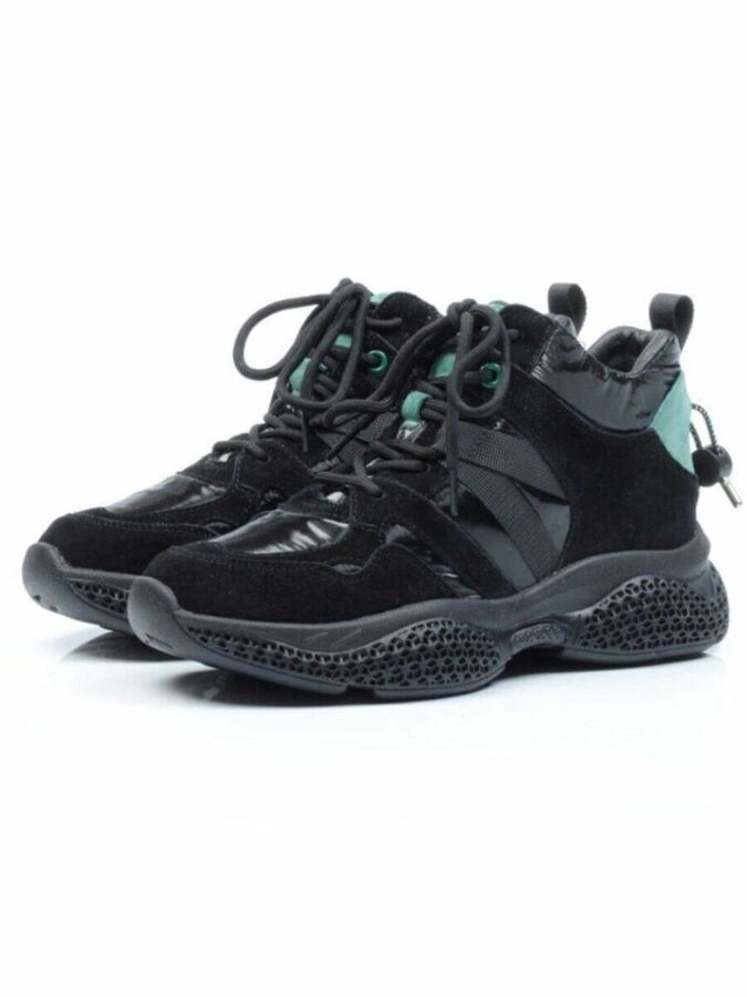 CSJ33-1 BLACK/GREEN Ботинки спортивные демисезонные женские (натуральная замша, байка)