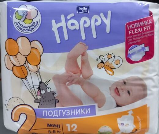 Bella Подгузники для новорожденных деток MINI 3-6 кг 12 штук в упаковке Happy