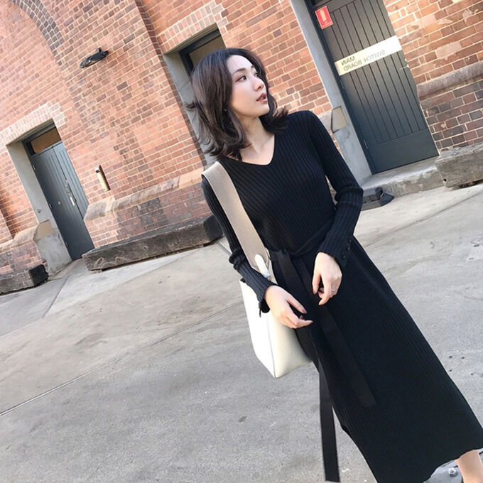 Женское длинное платье с поясом, цвет черный