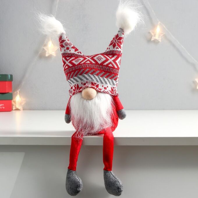 Дарим красиво Кукла интерьерная &quot;Дед Мороз в шапке с красными узорами, с бомбошками&quot; 41х13х10 см
