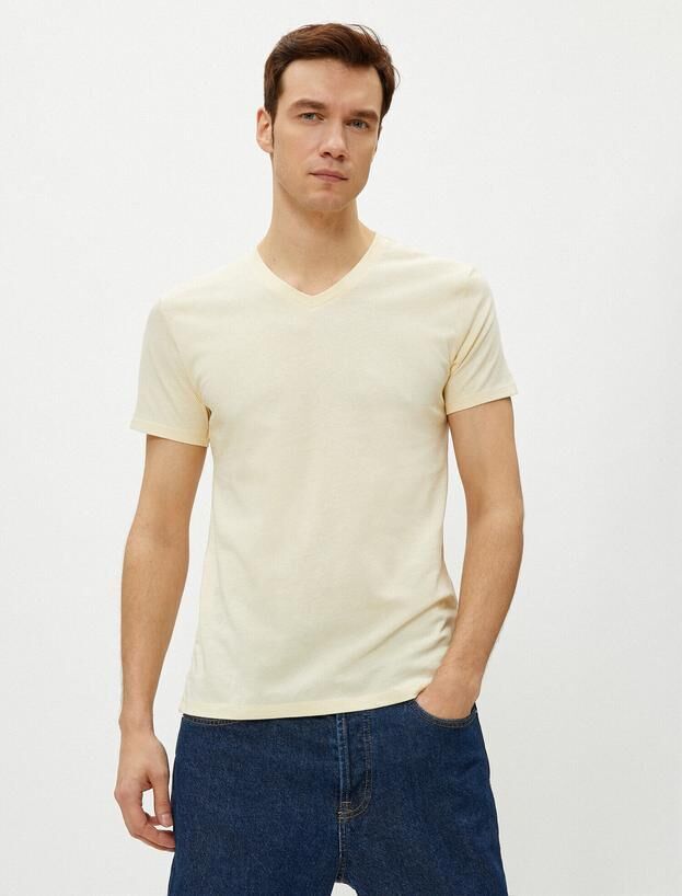 KOTON Базовая хлопковая футболка с круглым вырезом и короткими рукавами с v-образным вырезом