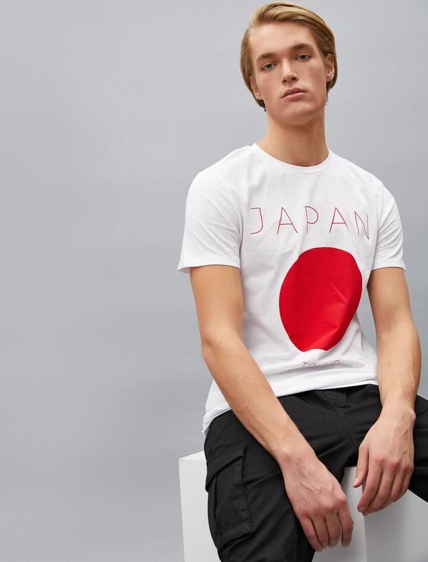KOTON Хлопковая футболка с круглым вырезом и короткими рукавами с принтом