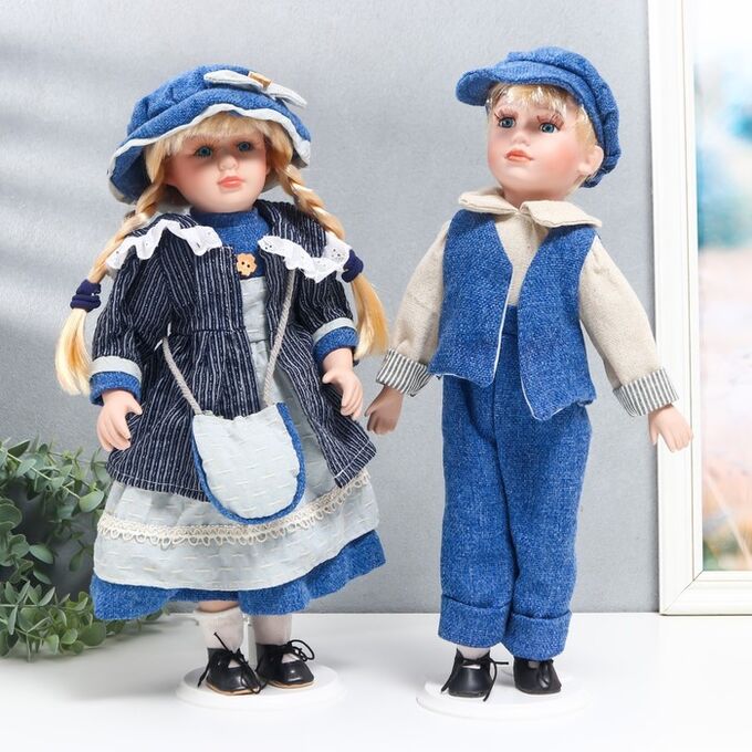 1 TOY Кукла коллекционная парочка &quot;Наташа и Саша, синий вельвет&quot; набор 2 шт 40 см