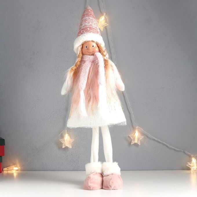 Кукла интерьерная &quot;Девочка с косами, в колпаке, бело-розовый наряд&quot; 63х20х13 см