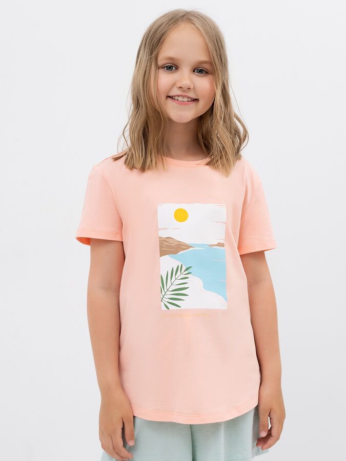 Mark Formelle Хлопковая футболка в персиковом цвете с большим принтом