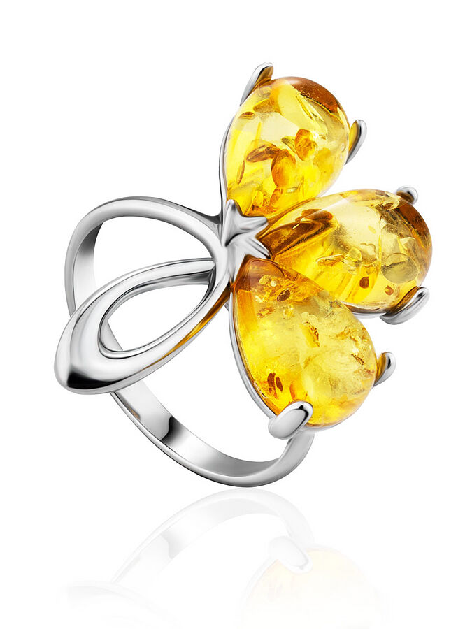 amberholl Изысканное серебряное кольцо с янтарём лимонного цвета «Одуванчик»