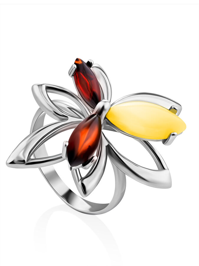 amberholl Нарядное кольцо из серебра с натуральным коньячным и медовым янтарём «Нарцисс»