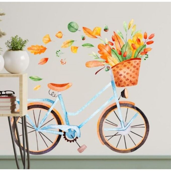Наклейка пластик интерьерная цветная &quot;Велосипед с осенними листьями&quot; 30х90 см