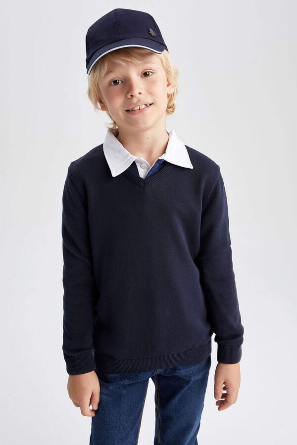 DEFACTO Трикотажный свитер Slim Fit Back To School с V-образным вырезом для мальчиков