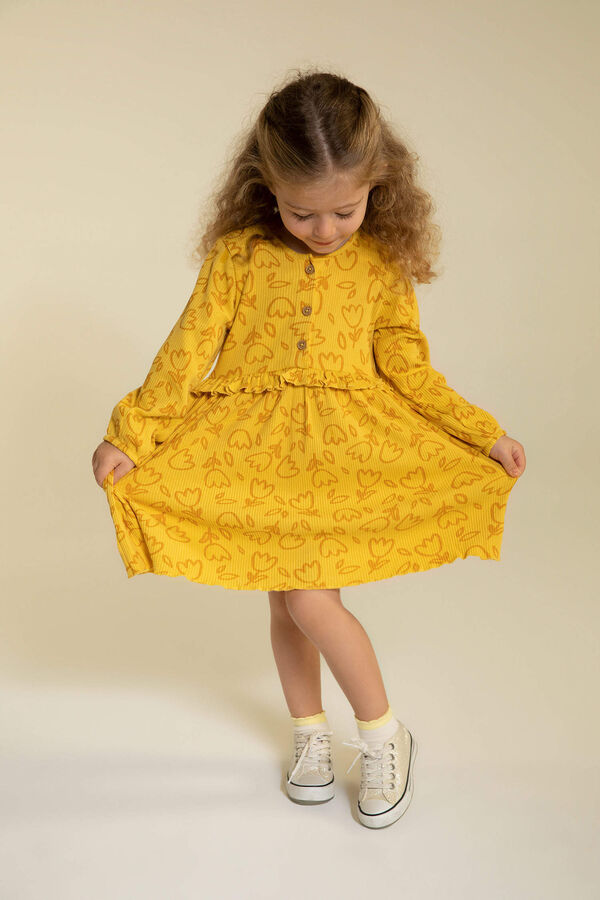 DEFACTO Платье-майка в рубчик с цветочным принтом для маленьких девочек, с круглым вырезом и длинными рукавами